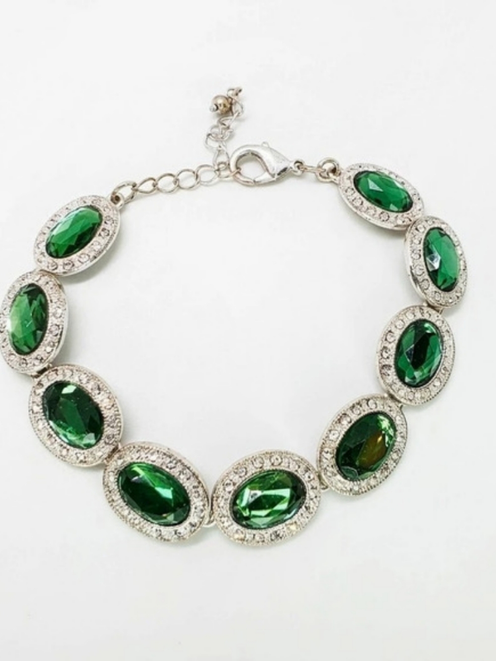 Vintage Simulated Emerald Green Halo Link Tennis Bracelet Adjustable Silver Tone